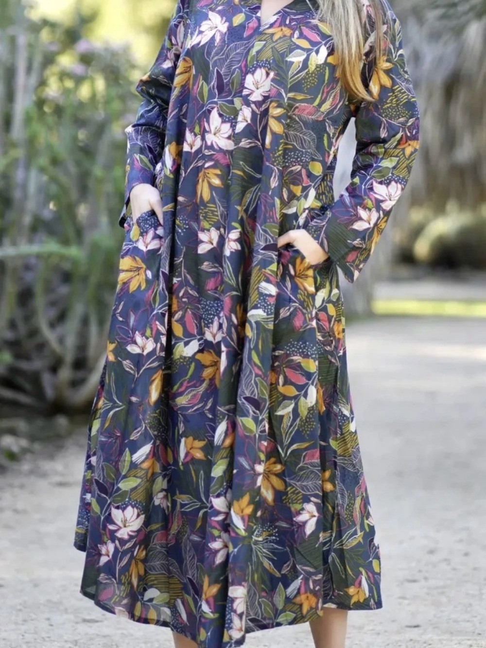 Dolma Calypso Cotton Long Sleeve V-Neck Floral Maxi Dress - Green Floral sz L